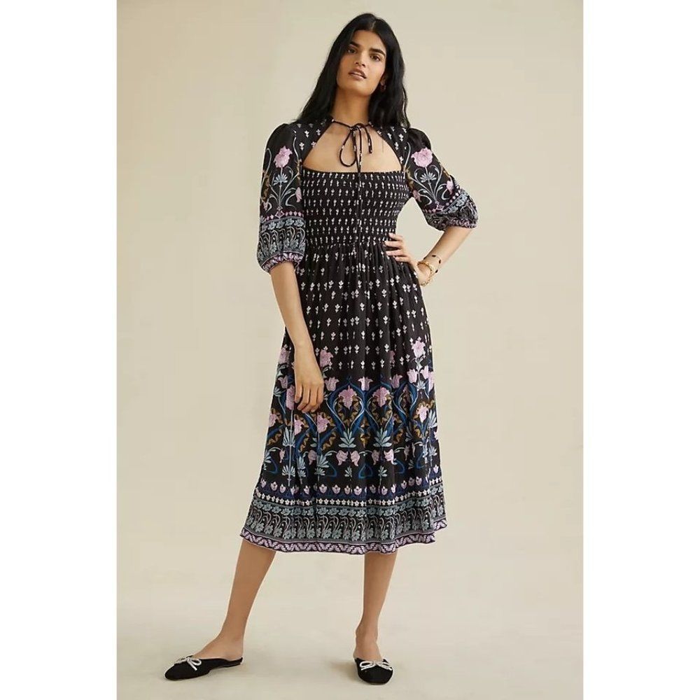 Anthropologie Dasha Smocked Midi Dress Black Motif M